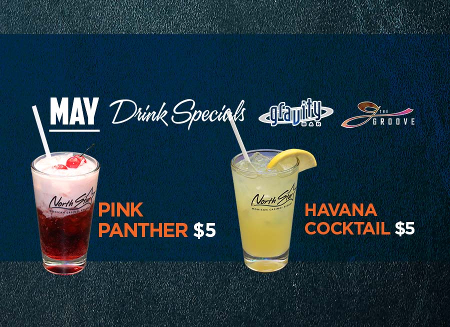"May Drink Specials, Pink Panther $5, Havana Cocktail $5" with each drink shown and a blue background with The Groove and Gravity Bar logos.