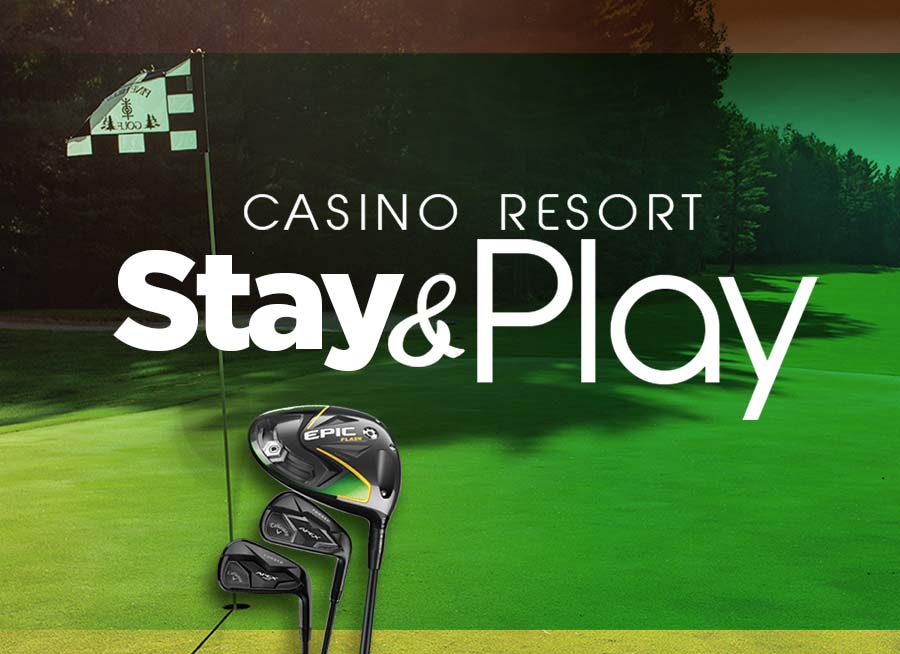 "Casino Resort Stay & Play" background image of Pine Hills Golf Course with a green overlay and picture of golf clubs.