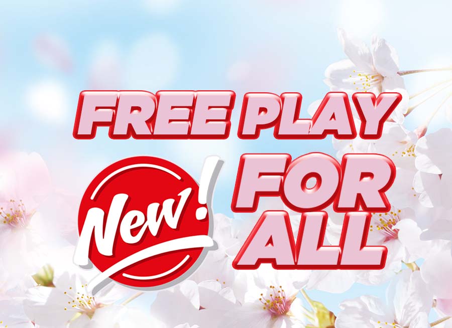 "Free Play for All, New!" Decorative image with colorful pink flowers blossoming
