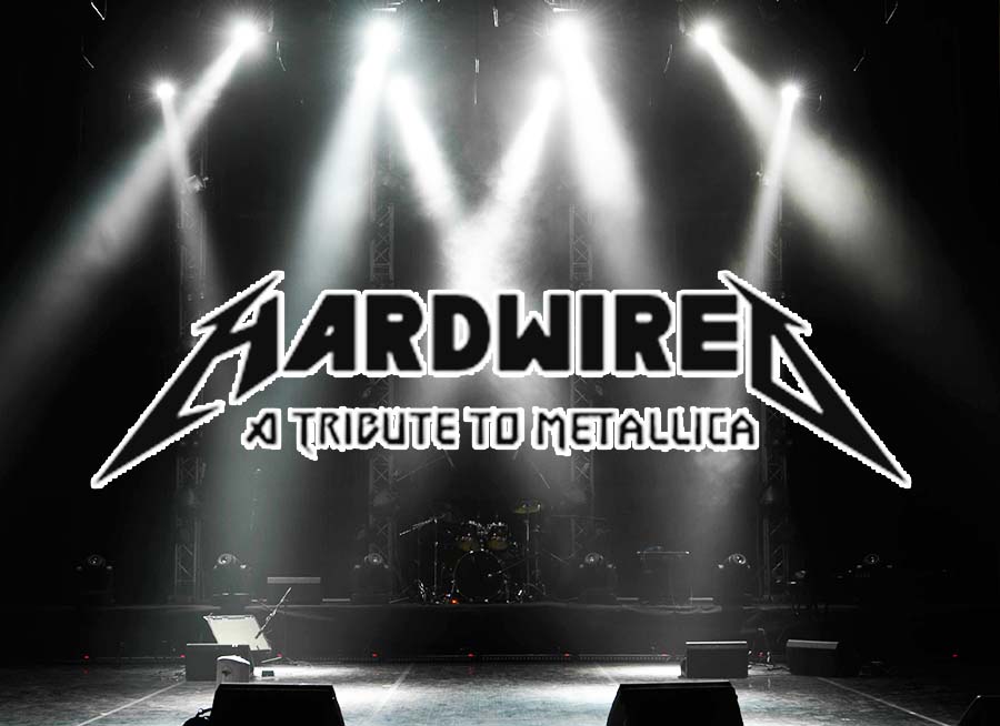 "Hardwired A Tribute to Metallica" Logo in front of a decorative image of a dim lit empty stage.