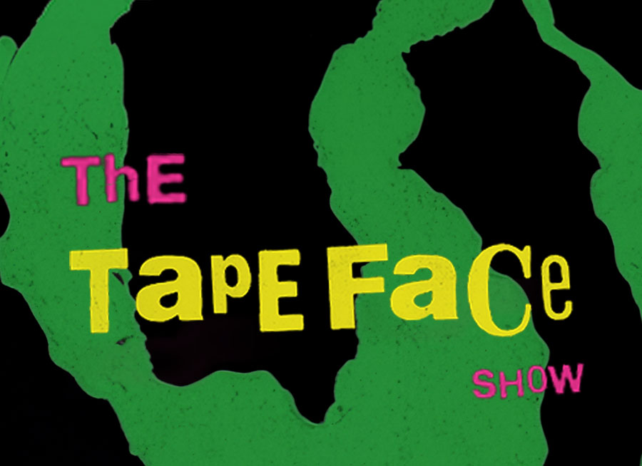 "The Tape Face Show" Logo in front of a black spiral with green background.