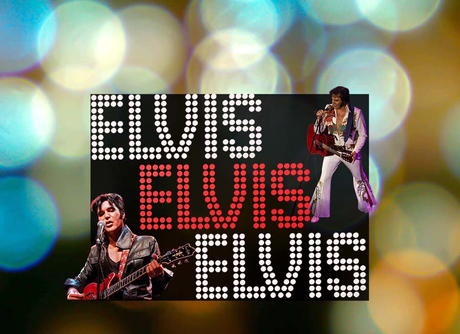 "ELVIS ELVIS ELVIS" with two pictures of Elvis impersonators with a blurred light background.