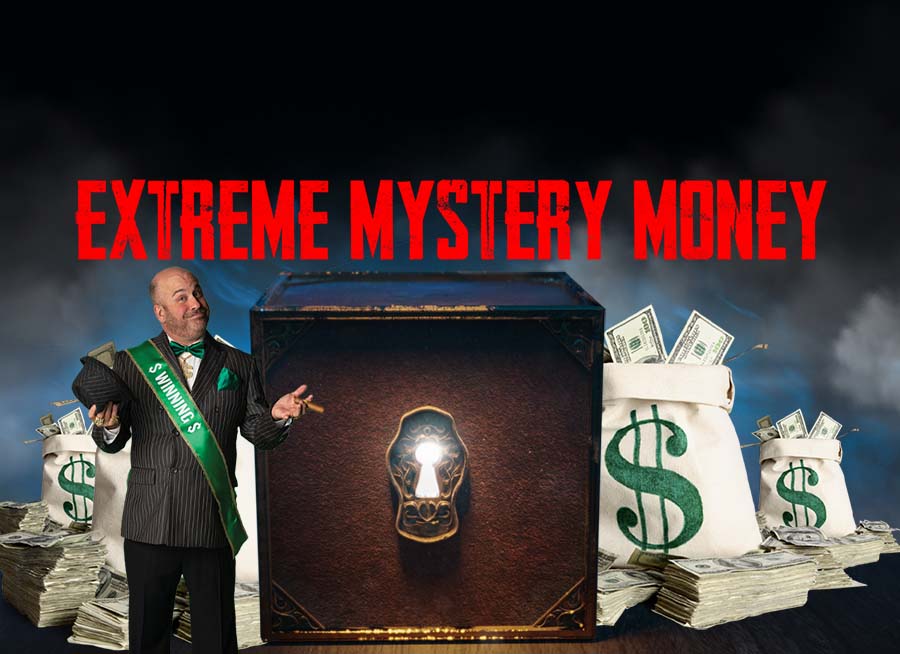 "Extreme Mystery Money" A large box surrounded by bags of money. Our character "Winning" standing alongside the mystery box.