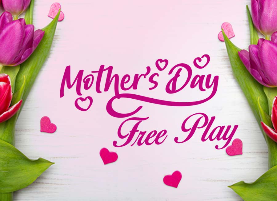 "Mother's Day Free Play" decorative cursive writing with hearts. Background image has flowers and hearts.