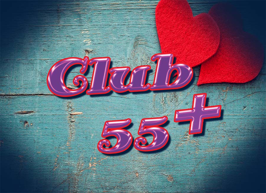 "Club 55 +" 2 red hearts and wooden background.